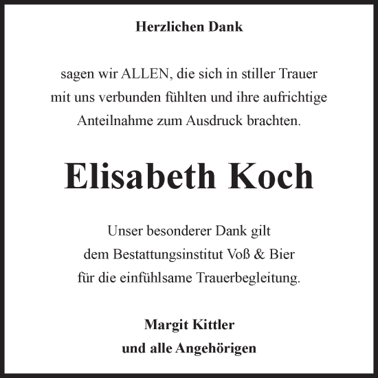 Traueranzeige von Elisabeth Koch von Volksstimme Wernigerode