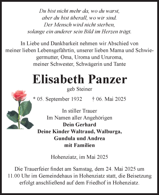 Traueranzeige von Elisabeth Panzer von Volksstimme Burg/Genthin