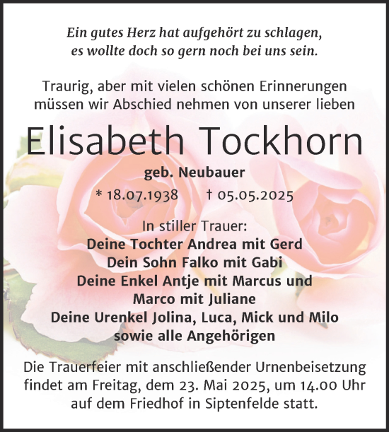 Traueranzeige von Elisabeth Tockhorn von Trauerkombi Quedlinburg
