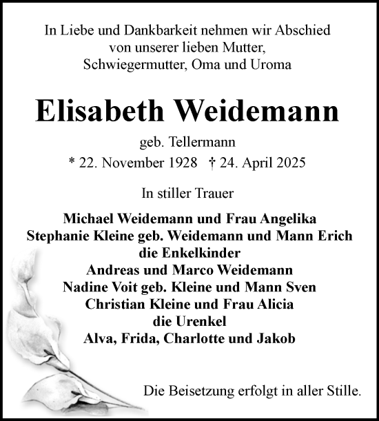 Traueranzeige von Elisabeth Weidemann von Volksstimme Schönebeck