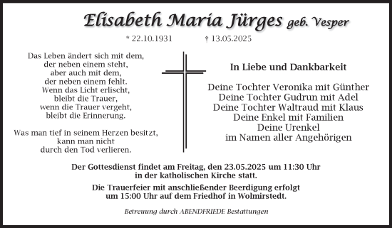 Traueranzeige von Elisabeth Maria Jürges von Volksstimme Haldensleben/Wolmirstedt