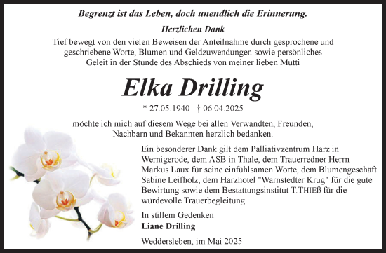 Traueranzeige von Elka Drilling von Trauerkombi Quedlinburg