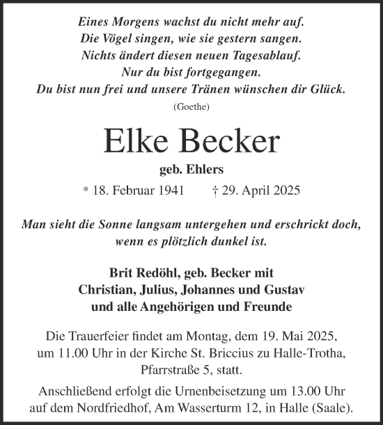 Traueranzeige von Elke Becker von Mitteldeutsche Zeitung Halle/Saalkreis