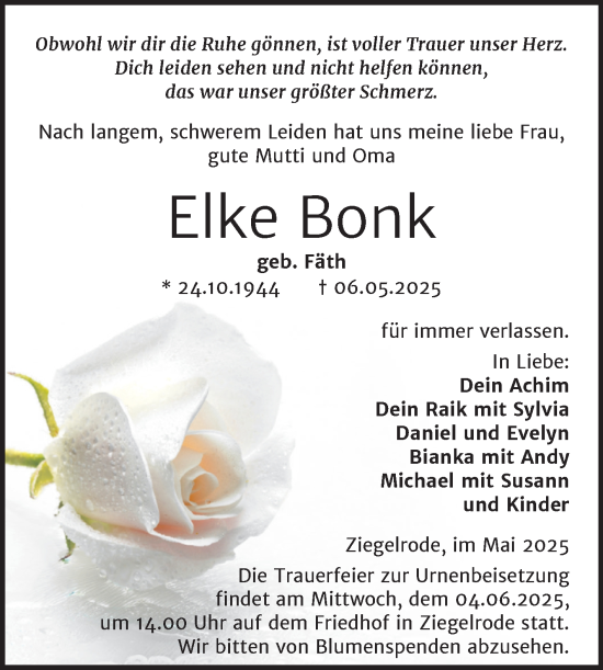 Traueranzeige von Elke Bonk von Trauerkombi Mansfelder Land