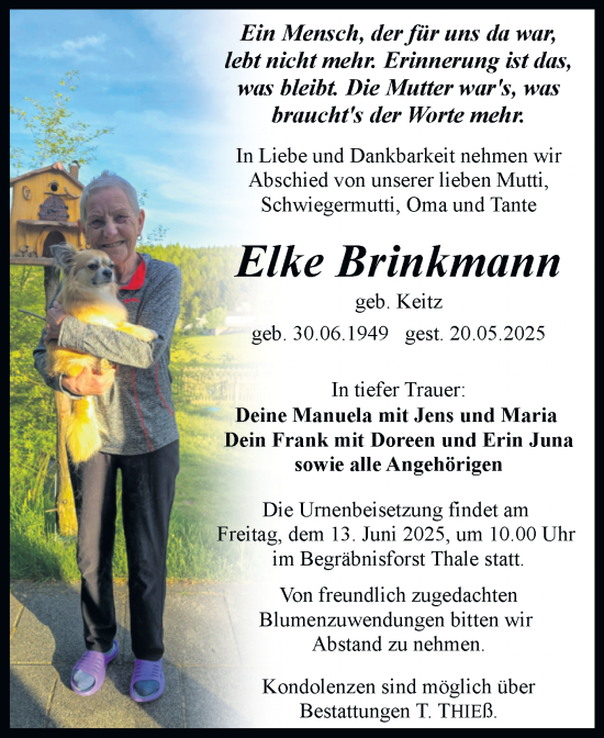 Traueranzeige von Elke Brinkmann von Trauerkombi Quedlinburg