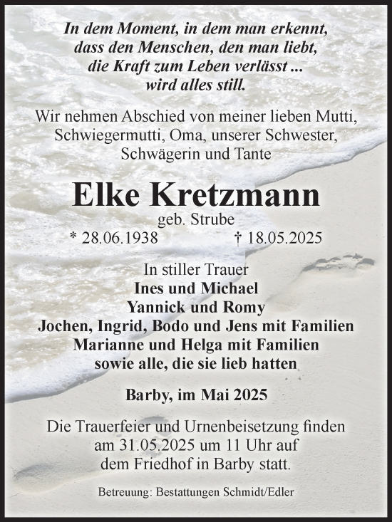 Traueranzeige von Elke Kretzmann von Volksstimme Schönebeck