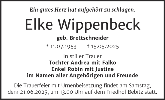 Traueranzeige von Elke Wippenbeck von Trauerkombi Bernburg