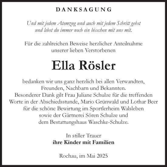 Traueranzeige von Ella Rösler von Volksstimme Altmark Ost