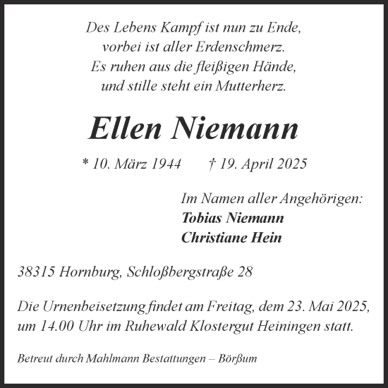 Traueranzeige von Ellen Niemann von Volksstimme Burg/Genthin