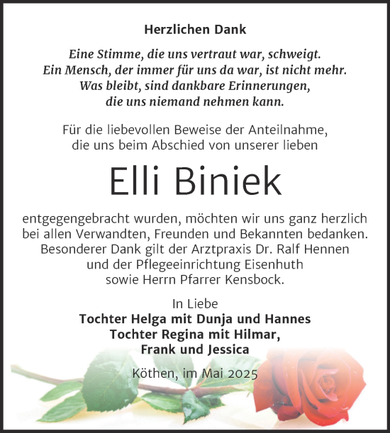 Traueranzeige von Elli Biniek von Trauerkombi Köthen
