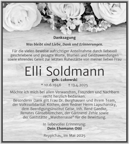 Traueranzeige von Elli Soldmann von Trauerkombi Köthen