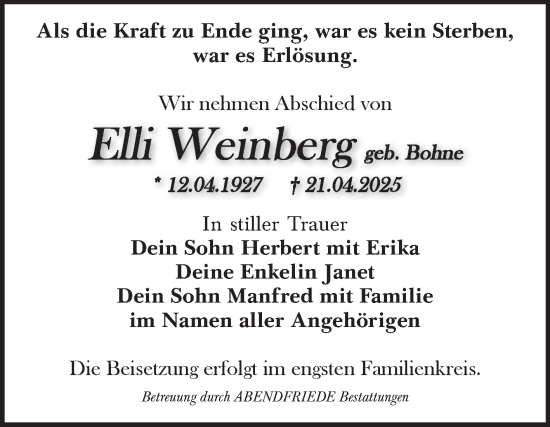Traueranzeige von Elli Weinberg von Volksstimme Haldensleben/Wolmirstedt
