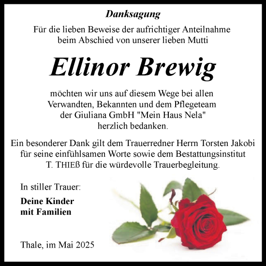 Traueranzeige von Ellinor Brewig von Trauerkombi Quedlinburg