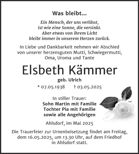 Traueranzeige von Elsbeth Kämmer von Trauerkombi Mansfelder Land
