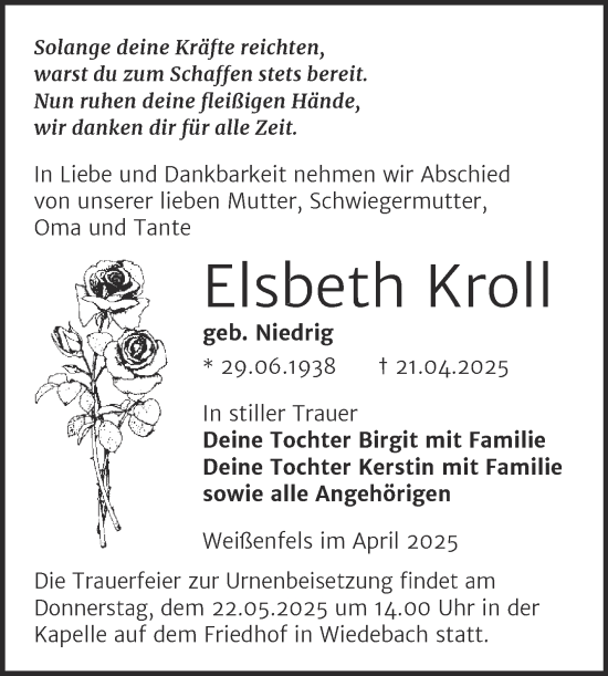 Traueranzeige von Elsbeth Kroll von Trauerkombi Weißenfels