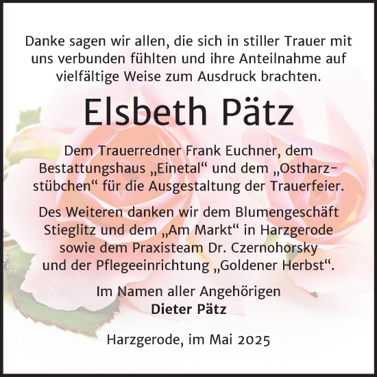 Traueranzeige von Elsbeth Pätz von Super Sonntag Quedlingburg