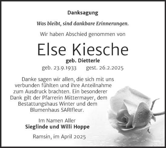 Traueranzeige von Else Kiesche von Trauerkombi Bitterfeld