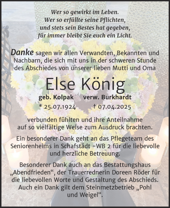 Traueranzeige von Else König von Trauerkombi Merseburg