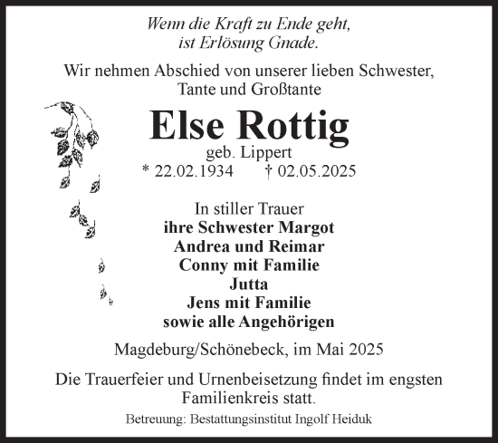 Traueranzeige von Else Rottig von Volksstimme Schönebeck