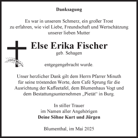 Traueranzeige von Else Erika Fischer von Volksstimme Burg/Genthin