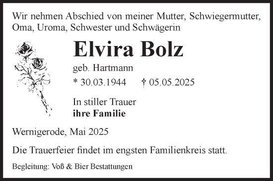 Traueranzeige von Elvira Bolz von Volksstimme Wernigerode