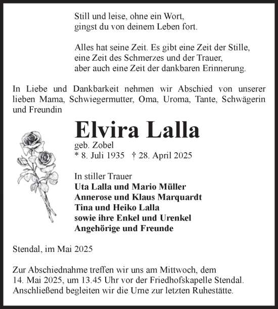 Traueranzeige von Elvira Lalla von Volksstimme Altmark Ost