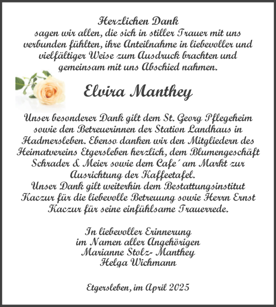 Traueranzeige von Elvira Manthey von Volksstimme Staßfurt