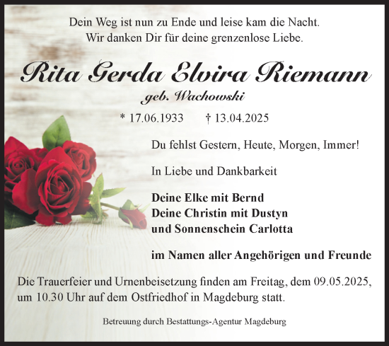 Traueranzeige von Elvira Riemann von Volksstimme Magdeburg