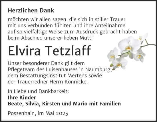 Traueranzeige von Elvira Tetzlaff von Super Sonntag Naumburg/Nebra
