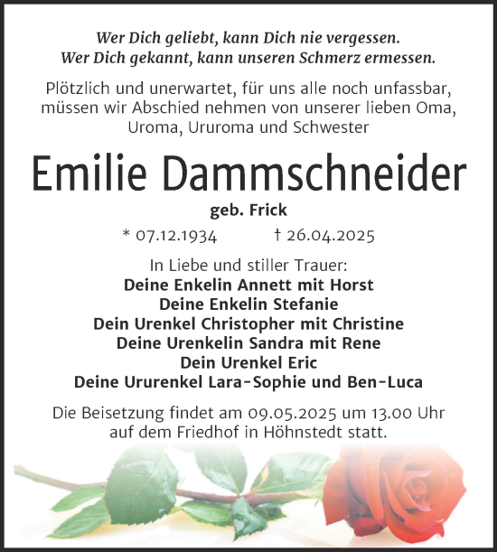 Traueranzeige von Emilie Dammschneider von Mitteldeutsche Zeitung Halle/Saalkreis