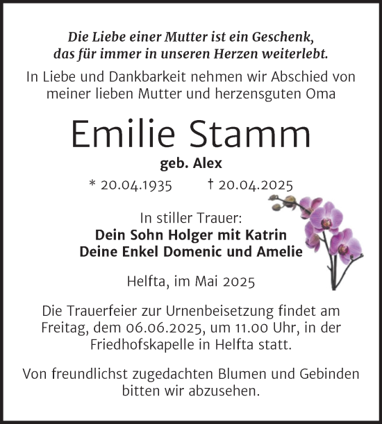Traueranzeige von Emilie Stamm von Trauerkombi Mansfelder Land