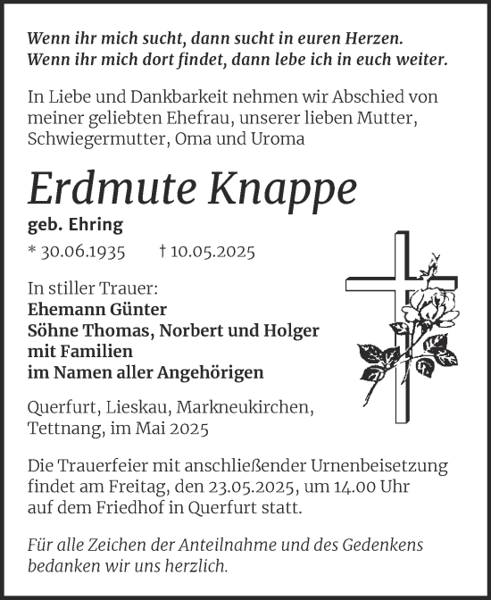 Traueranzeige von Erdmute Knappe von Trauerkombi Merseburg