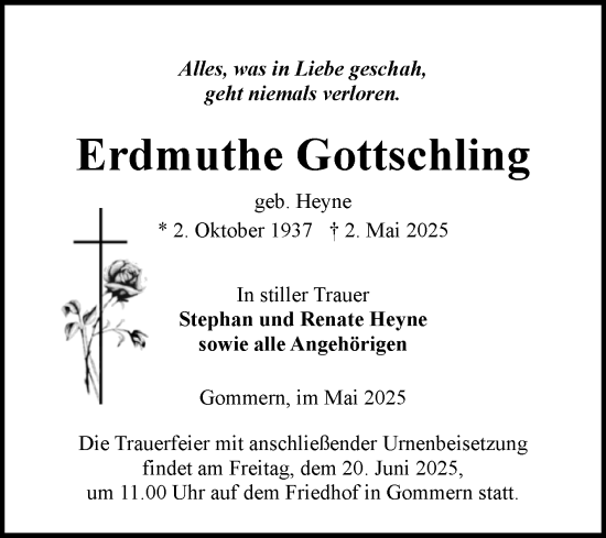 Traueranzeige von Erdmuthe Gottschling von Volksstimme Burg/Genthin