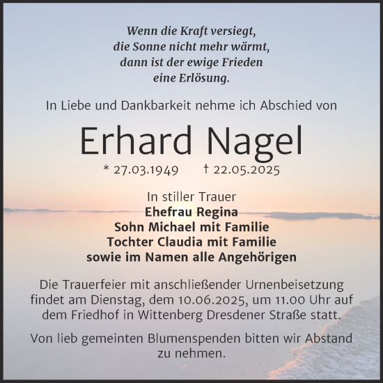 Traueranzeige von Erhard Nagel von Trauerkombi Wittenberg