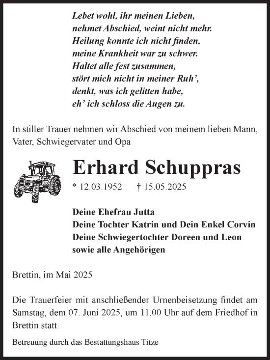 Traueranzeige von Erhard Schuppras von Volksstimme Burg/Genthin