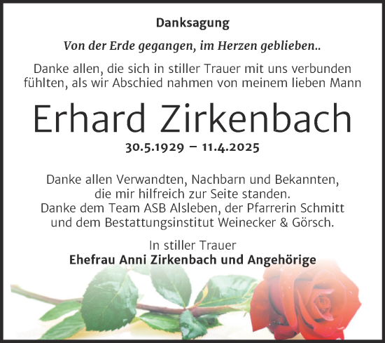 Traueranzeige von Erhard Zirkenbach von Trauerkombi Aschersleben