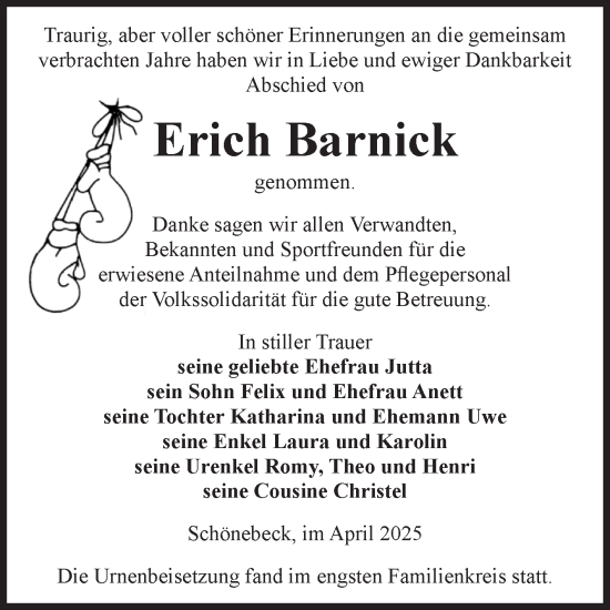 Traueranzeige von Erich Barnick von Volksstimme Schönebeck