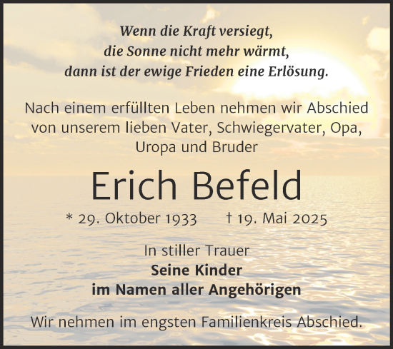 Traueranzeige von Erich Befeld von Trauerkombi Zeitz