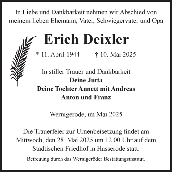 Traueranzeige von Erich Deixler von Volksstimme Wernigerode