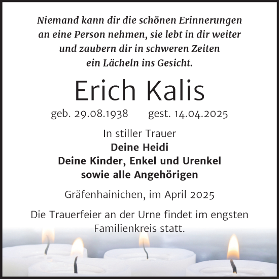 Traueranzeige von Erich Kalis von Trauerkombi Wittenberg