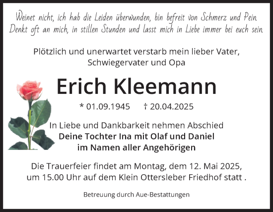 Traueranzeige von Erich Kleemann von Volksstimme Magdeburg