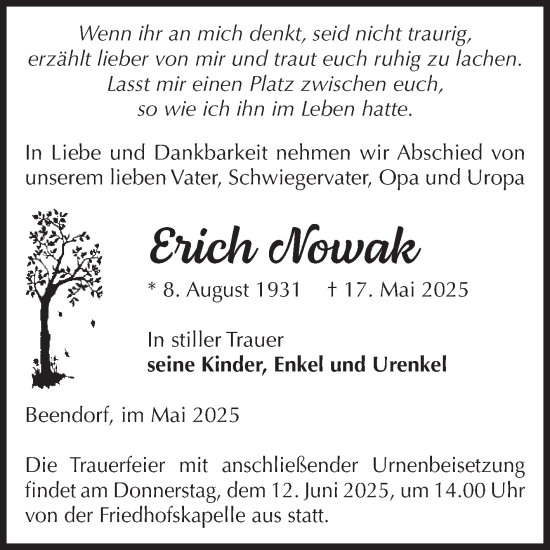 Traueranzeige von Erich Nowak von Volksstimme Haldensleben/Wolmirstedt