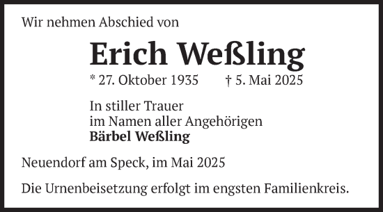 Traueranzeige von Erich Weßling von Volksstimme Altmark Ost
