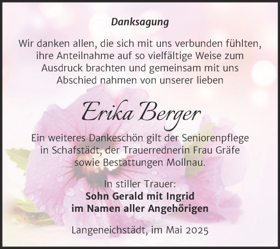 Traueranzeige von Erika Berger von Trauerkombi Merseburg