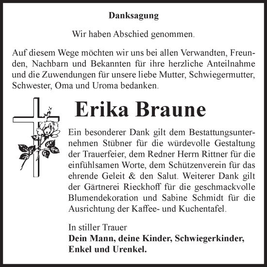 Traueranzeige von Erika Braune von Volksstimme Haldensleben/Wolmirstedt