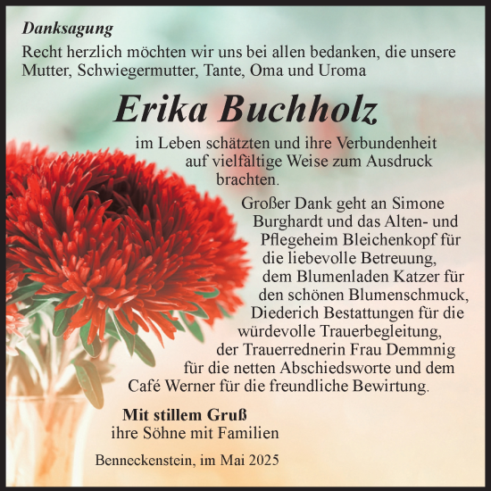Traueranzeige von Erika Buchholz von Volksstimme Wernigerode