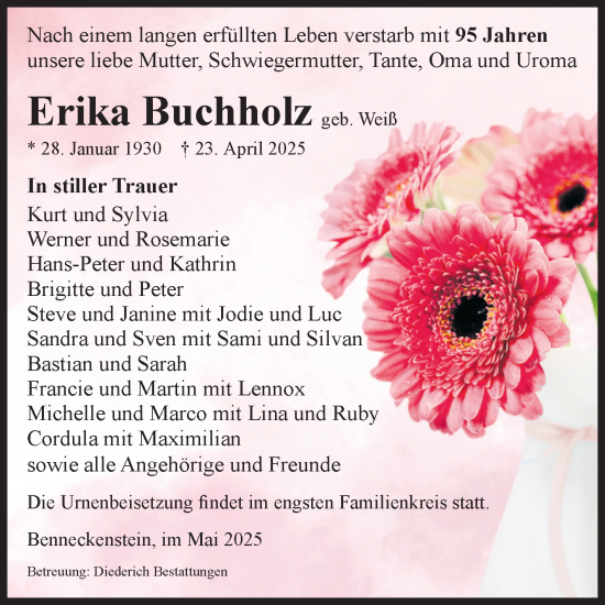 Traueranzeige von Erika Buchholz von Volksstimme Wernigerode