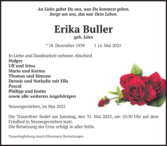 Traueranzeige von Erika Buller von Volksstimme Oschersleben/Wanzleben