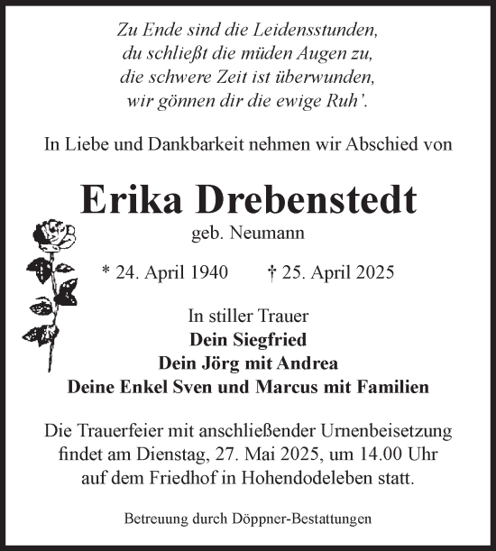 Traueranzeige von Erika Drebenstedt von Volksstimme Oschersleben/Wanzleben