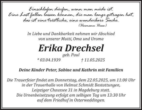 Traueranzeige von Erika Drechsel von Volksstimme Oschersleben/Wanzleben